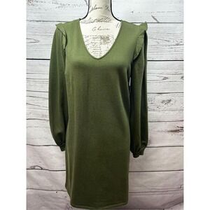Nine West Olive Green V Neck Long‎ Sleeve Mini Dress Ruffle Shoulder